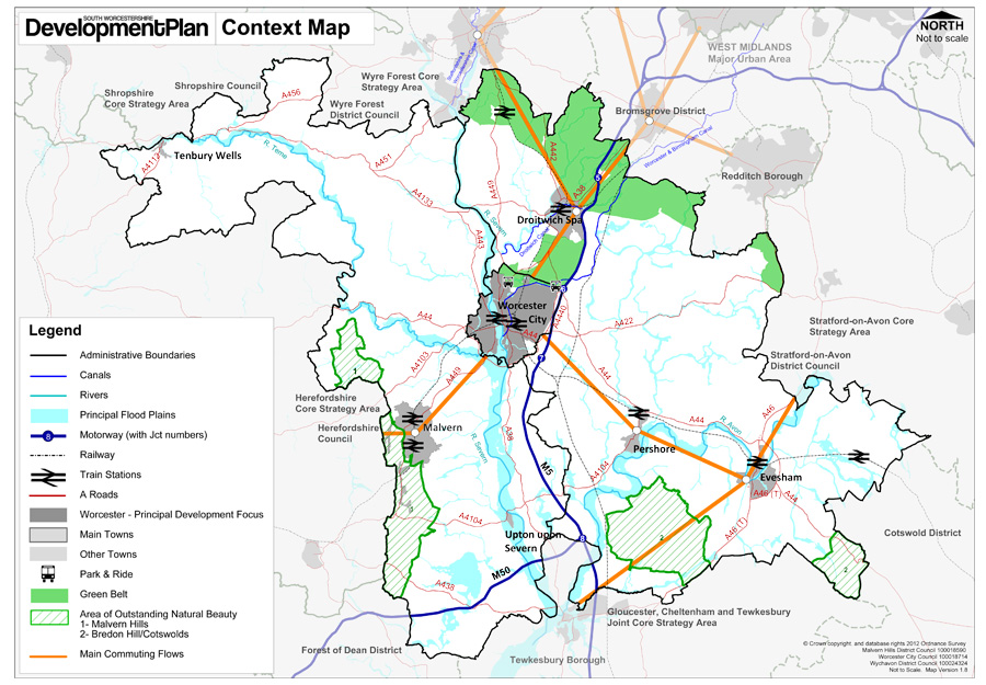 Illustrative map of main features across South Worcestershire