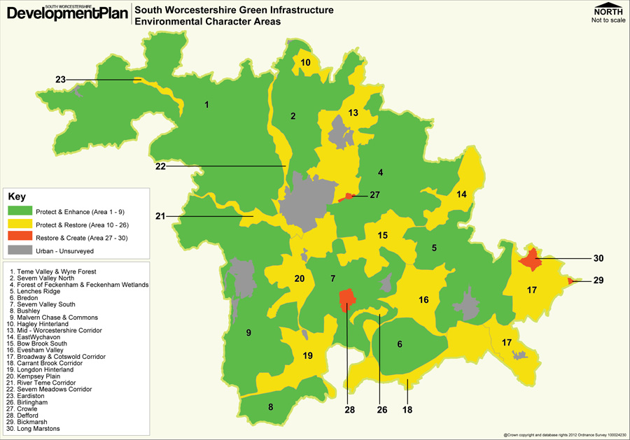 Map showing the South Worcestershire Green Infrastructure Environmental Character Areas